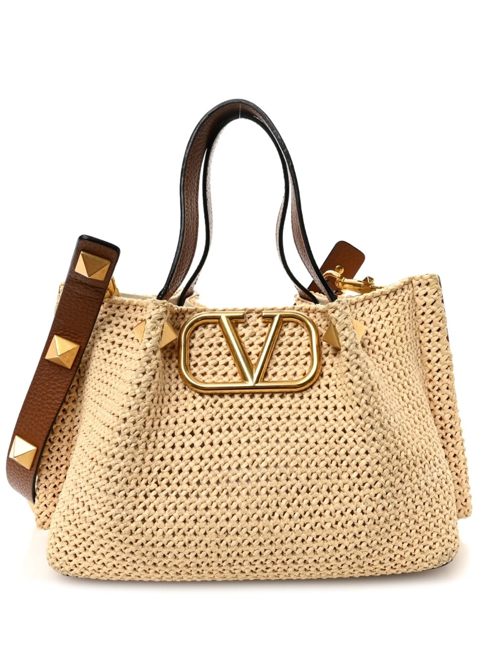 Valentino Garavani Raffia VLogo Tote in Beige with Brown Strap and Gold Hardware